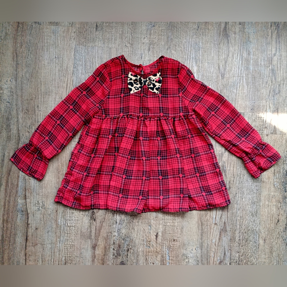 Disney Minnie Red Plaid Girls Blouse with Leopard Bow Size 4T